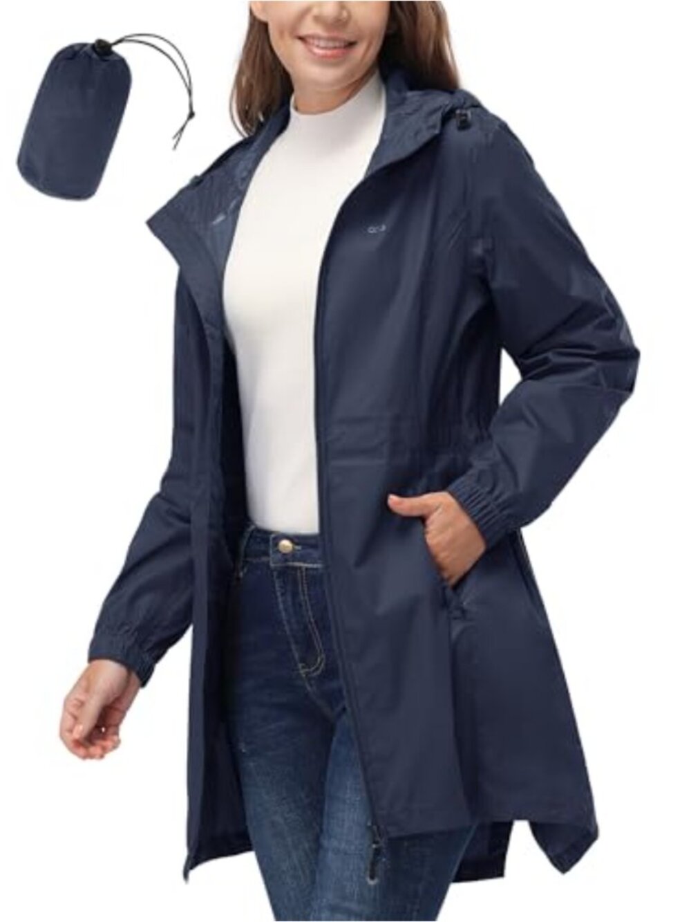 Women's Waterproof Long Raincoat Packable Hooded Jacket with Pockets